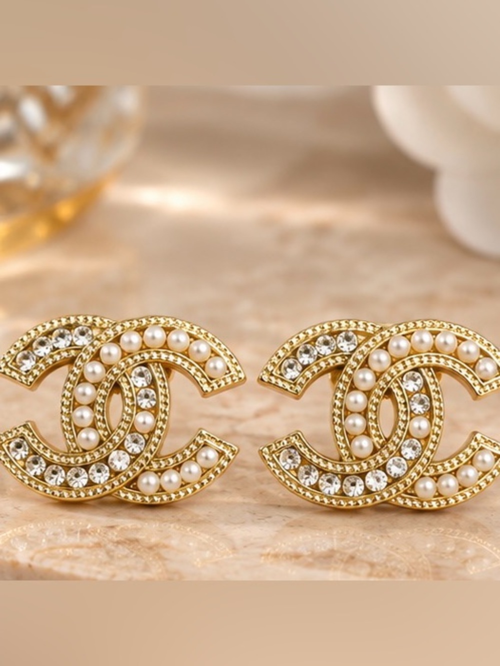 Gold Tone Pearl Rhinestone Statement Stud Earrings Elegant Glam Jewelry